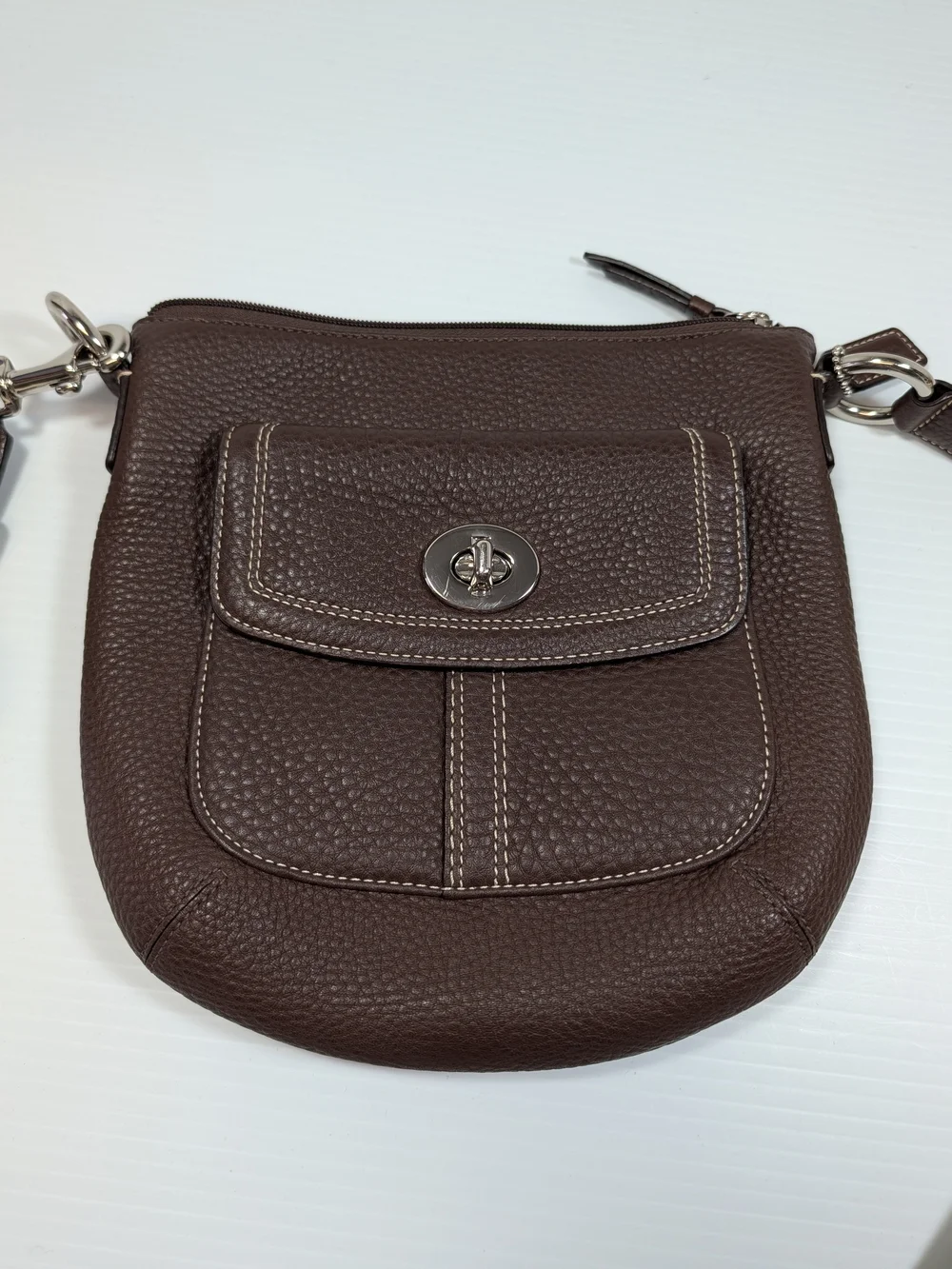 Coach Chocolate Brown Pebbled Leatherman Chelsea Crossbody Turnlock Purse Strap